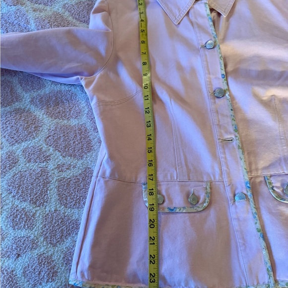 Liz Claiborne pink  Denim Jacket  floral trim Women's Large Ex. Cond - Picture 9 of 14